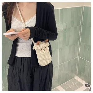 Handmade knitted cartoon sheep phone crossbody bag, cute wool shoulder bag for women daily.