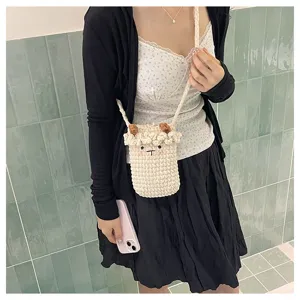 Handmade crochet cute sheep phone bag, casual knitted mini cross-body bag for daily commute.