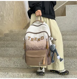 Stylish gradient large capacity school backpack for teen girls with cute plush pendant.