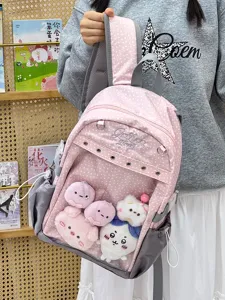 Zaino scolastico trasparente a pois rosa con simpatici ciondoli di peluche per studenti