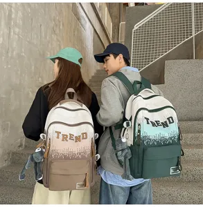 Gradient letter large capacity school backpack detail view, durable canvas student bag.