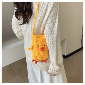 Handcrafted cute cartoon yellow chick crochet crossbody phone bag, stylish knitted bag.