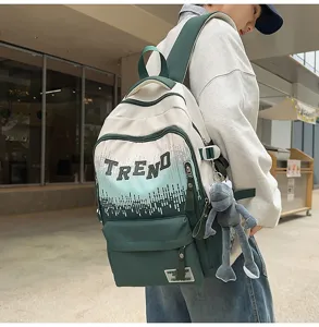 Large capacity student school backpack with gradient design and cute frog pendant for teens.