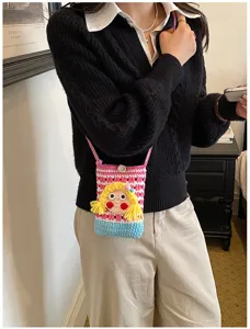 Gestrickte Handy Umhängetasche mit Farbblock und süßem Cartoon Mädchen Puppen Design