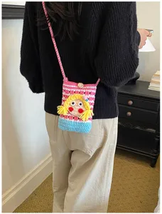 Süße gestrickte Cartoon Mädchen Umhängetasche, bunte Karo-Handy-Tasche für Reisen.
