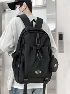 Sac à dos scolaire décontracté et multifonctionnel noir avec poche à cordon.