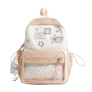 Mochila ita transparente con lunares rosas bonita, vista detallada del bolsillo delantero estrella.