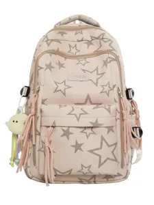 Pink school backpack for teens with star print, cute tassels and spacious compartments.