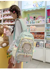 Zaino Ita Harajuku colorato carino con tasca anteriore trasparente per l'uso quotidiano.