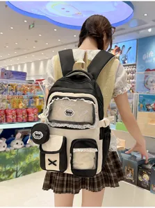 Zaino per studenti trasparente in bianco e nero in stile giapponese carino con pizzo e portamonete.