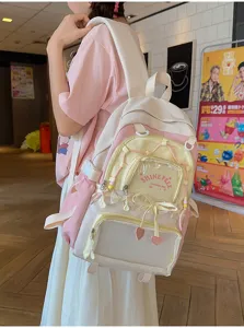Zaino colorblock stile Harajuku dolce, grande borsa scolastica per studenti con fiocco.