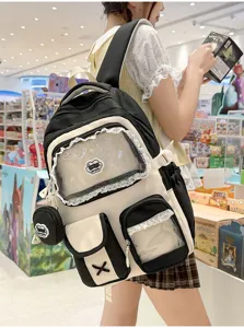 Zaino ita nero e bianco carino grande capacità borsa scolastica con finestra trasparente.