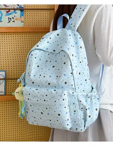 Light blue star print student backpack, large capacity cute lightweight casual school bag.