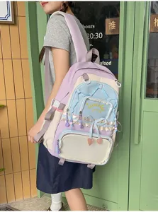 Zaino colorblock stile Harajuku dolce, grande borsa scolastica per studenti con tasca in rete.