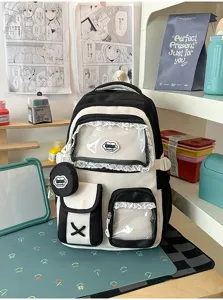 Zaino scolastico carino stile giapponese contrasto bianco nero con finestra trasparente.