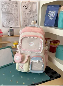 Zaino scolastico giapponese colorblock carino con tasca trasparente, pizzo e borsetta coordinata.