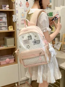 Lindo Mochila Ita de Topos Estrellas Rosa Bolsillo Transparente Bolsa Escolar Niña