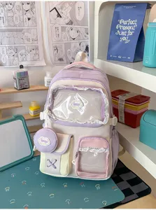Zaino per studenti pastello carino con tasca anteriore trasparente, design colorato per la scuola.