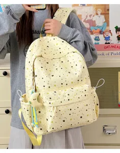Japanese style cute star print canvas backpack for students, large capacity lightweight school bag.