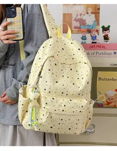 Japanese style cute star print canvas backpack large capacity school bag for daily use.