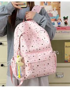 Pink star print student backpack large capacity casual school bag for teen girls and kids