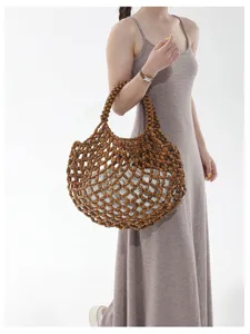 Sac cabas creux artisanal en perles de bois pour femmes, élégant sac d'épaule de plage.