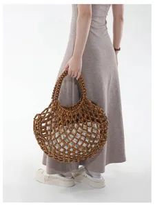 Sac Cabas en Perles de Bois Fait Main Creux Sac Bandoulière de Plage pour Femme
