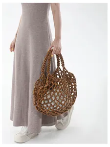 Sac Cabas de Plage Creux en Perles de Bois Fait Main Grande Capacité Chic Tendance