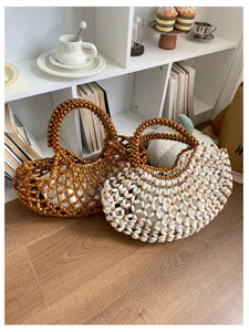 Elegant sac cabas ajoure en perles de bois fait main, sac d'epaule de plage.