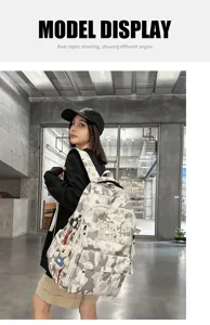Detailed view of the stylish camo backpack showcasing its multi-compartment design and wear.