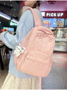 Detail de sac a dos a pois roses montrant un grand design de sac pour etudiants.
