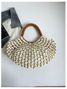 Sac cabas tissé en perles de bois fait main sac d'épaule de plage ajouré pour femmes quotidien