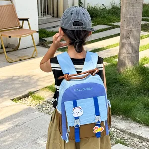 Japanese style color block kids school backpack detail view showing cute design and straps
