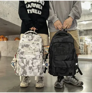 Detail shot of stylish camouflage school backpack displaying multiple storage compartments clearly.