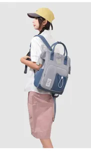 Casual large capacity color block backpack travel mommy bag multi-pocket grey blue school bag