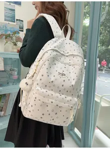 Sac à dos scolaire mignon à motif d'étoiles, grande capacité, pour étudiants, blanc.