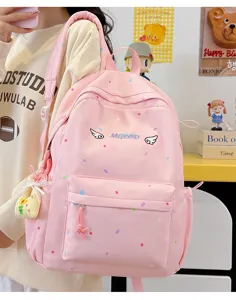 Süßer rosa Pünktchen Rucksack für Mädchen, lässige Schultasche im süßen Stil mit Flügelstickerei.