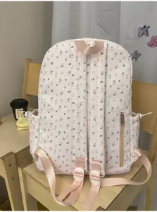 Rosa Blumen Canvas Rucksack Detailansicht, süßer japanischer Stil lässiger Tagesrucksack.