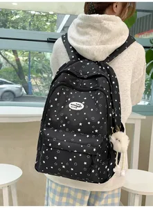Sac à dos style collège motif étoiles noires avec joli pendentif en peluche pour étudiants