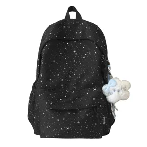 Schwarzer Sternen-Schulruckucksack mit süßem Plüsch-Katzenanhänger, großer Kapazität Freizeit