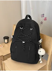 Japanese minimalist high-capacity black school backpack with cute front drawstrings.