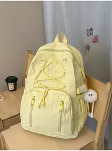Japanese style simple large capacity school backpack yellow student bookbag with drawstring