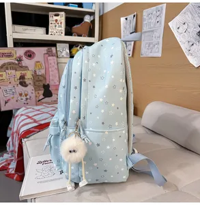 Joli sac à dos imprimé étoiles pour étudiants, sac de loisirs bleu clair avec compartiments.
