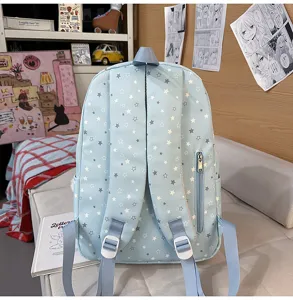 Sac à dos scolaire mignon à motif d'étoiles multi-compartiments étudiant décontracté bleu