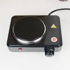 Electric hot plate detail view showing heating burner control knob and power indicator light.