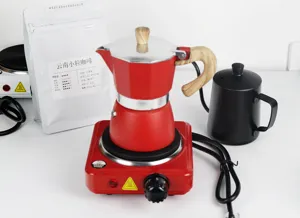 Electric stove with moka pot set for household coffee brewing and tea making with wooden handle.