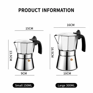 Stainless steel moka pot size chart and detailed product dimensions for home coffee brewing.