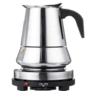 Stainless steel electric moka pot with heating base, coffee maker for home kitchen.