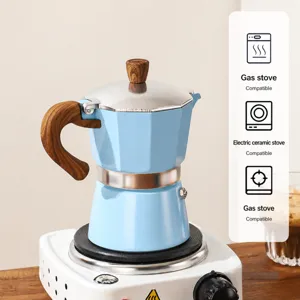 Italian aluminum moka pot with wooden handle, compatible with gas and electric stoves easily.