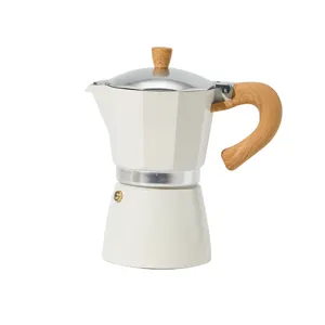 Classic Italian octagonal aluminum moka pot with wooden handle for delicious home coffee.